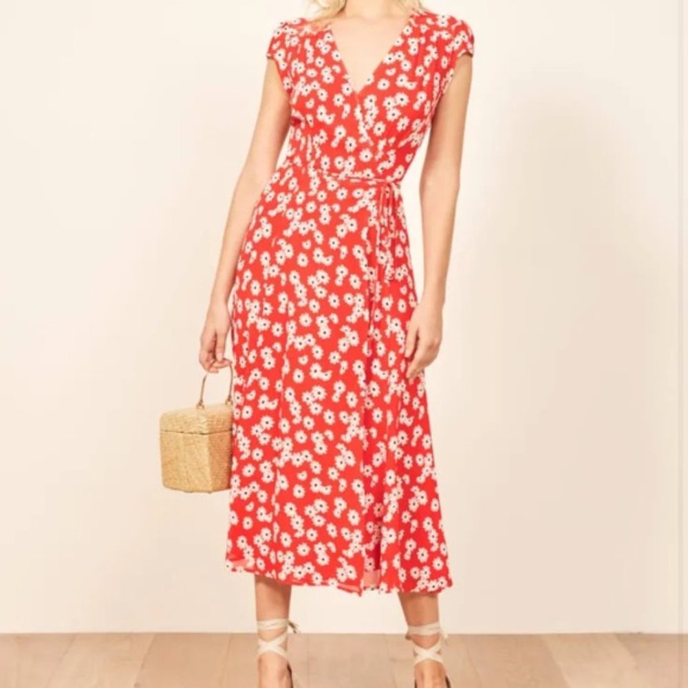 Reformation Wrap Midi Dress - Red Floral Daisy - Size Medium